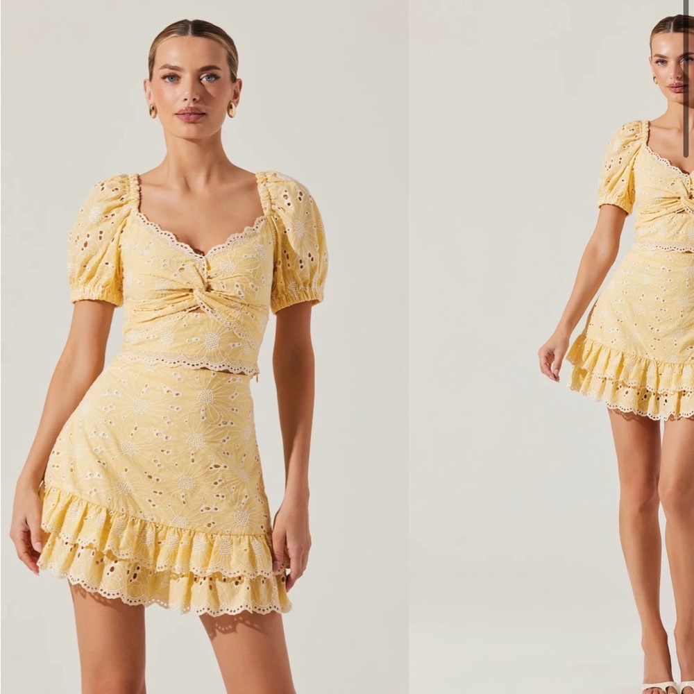 ASTR Floral Yellow Eyelet Skirt and Twist front top